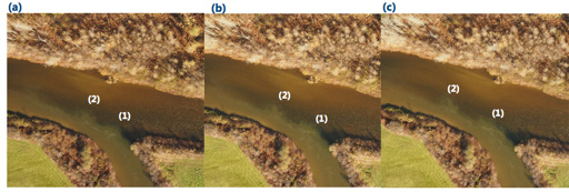 Figure 7 Observation of spatio-temporal evolution of vortical flow structures in the shear layer. Photos taken from a drone at time a) 3 sec, b) 9 sec and c) 15 sec